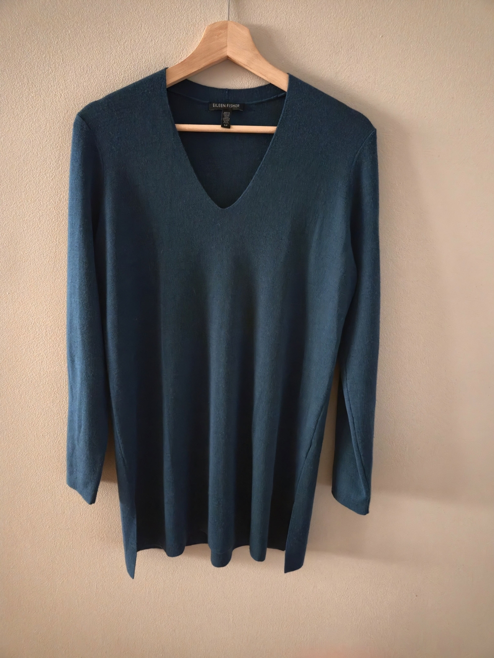 Eileen Fisher Italian Fine Merino Wool Small V-Neck Tunic Sweater Blue/Green